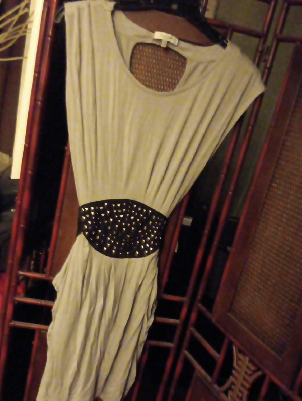 Boutique Gray Mini Dress with Studded Black Waist